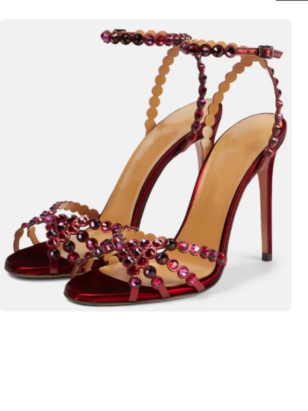 FSJ Burgundy Rhinestone Embellished Stiletto Heel Ankle Strap Sandals